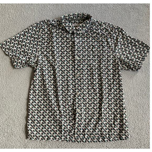 Tommy Bahama Button Shirt Large Silk Geometric Short Sleeve Black Green Retro - Picture 1 of 13